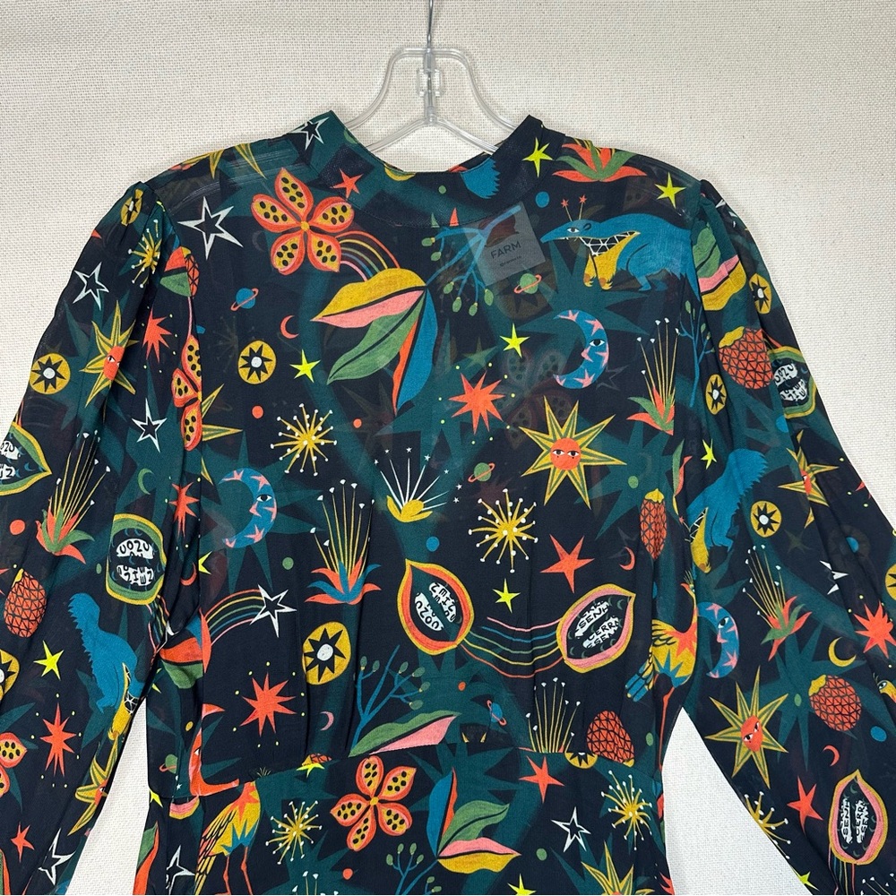 FARM Rio Black Cerrado Sky Celestial Ruffle Long Sleeve Mini Dress Small - Picture 3 of 7